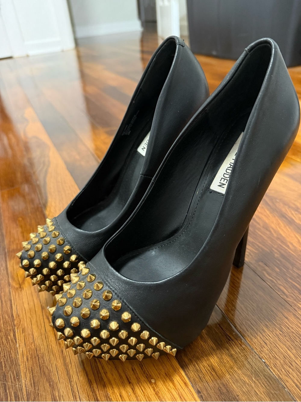 Steve Madden Black Pointed-Toe High Heels with Gold Studs